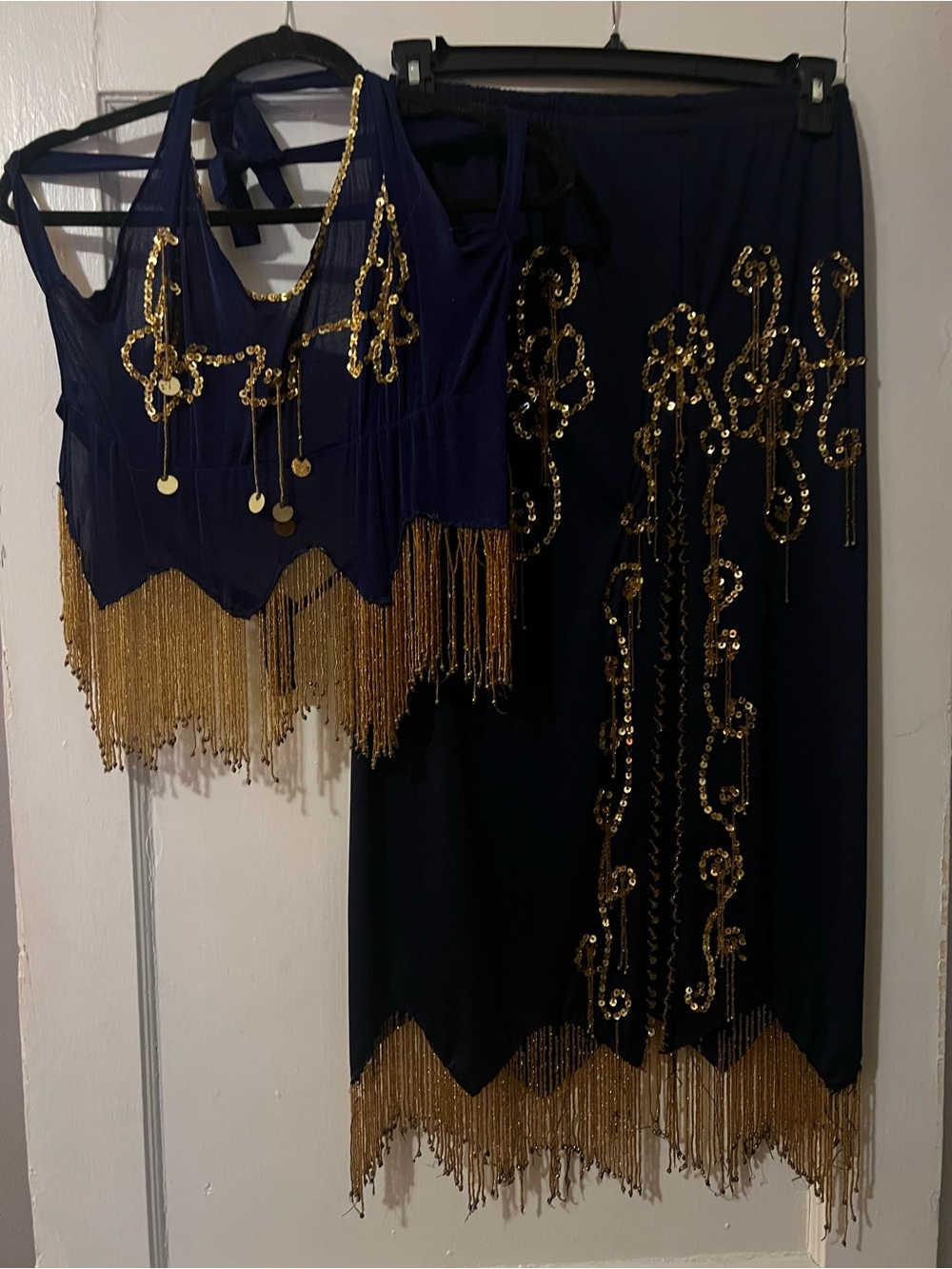 Navy & Gold Bellydance Inspired Showgirl Fringe 2-Pc Sequin Beaded Festival Set